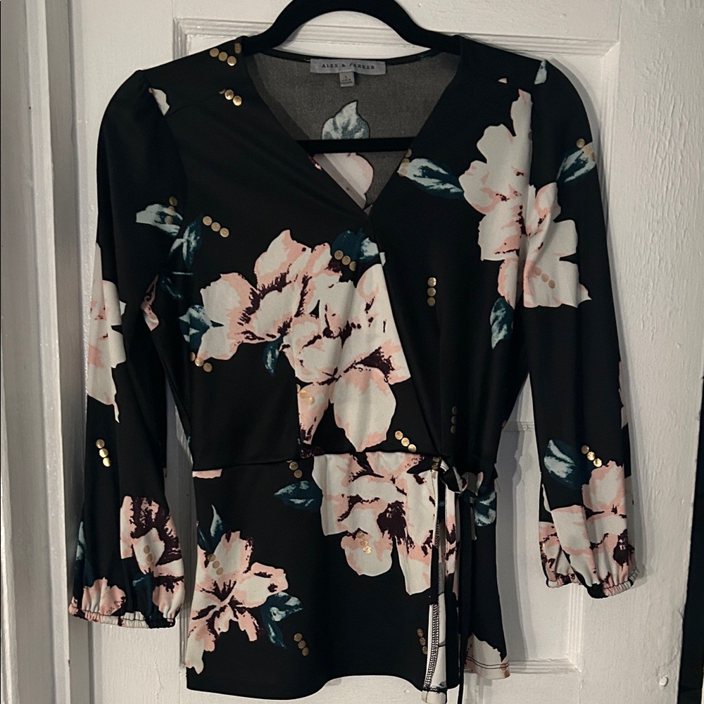 A New Day Black Pink Wrap Blouse